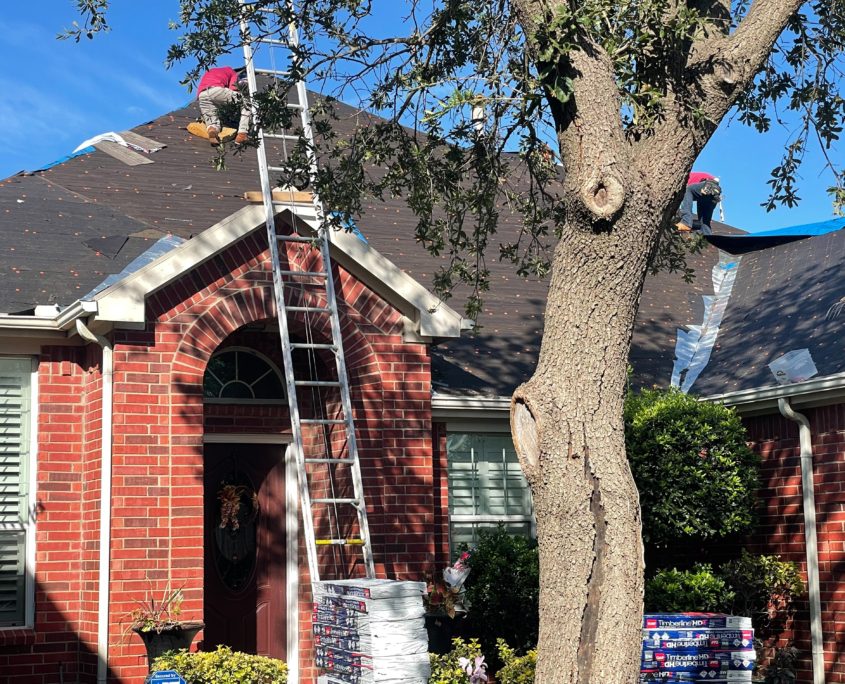 Workers specializing in residential roofing are on a roof installing shingles, with a ladder against the house and materials on the driveway, in front of a brick home with a tree on the side.